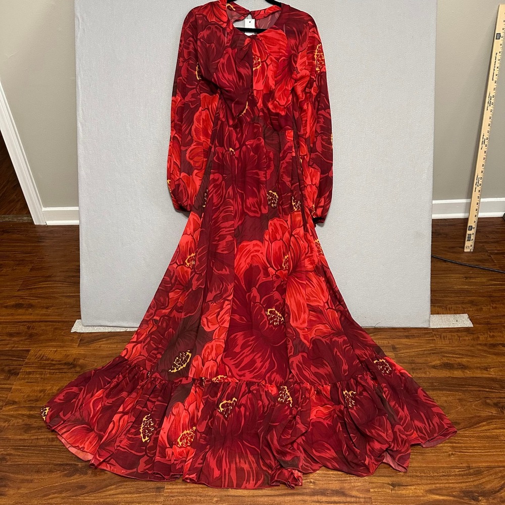 La DoubleJ Eve Open-Back Maxi Dress Red Floral Print Silk Chiffon Made in Italy - Picture 5 of 14